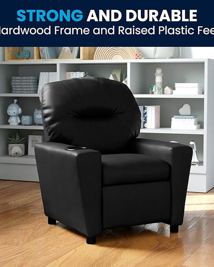 Flash Furniture Chandler LeatherSoft Kids Recliner with Cup Holder and Safety Recline, Contemporary Reclining Chair for Kids, Supports up to 90 lbs., Black - LeafyLoom
