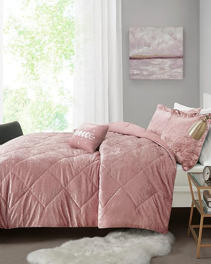 Intelligent Design Twin Comforter Set, Velvet Comforter Set , Luxury Diamond Quilting Comforter Set, Fluffy Comforter Bed Set with Decorative Pillowand 1 Sham, 3 Piece Pink, Twin/Twin XL - LeafyLoom