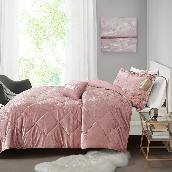 Intelligent Design Twin Comforter Set, Velvet Comforter Set , Luxury Diamond Quilting Comforter Set, Fluffy Comforter Bed Set with Decorative Pillowand 1 Sham, 3 Piece Pink, Twin/Twin XL - LeafyLoom