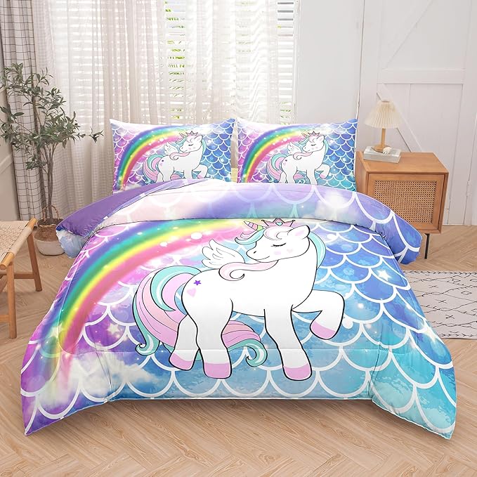 Tailor Shop Unicorn Comforter Sets Twin Size,Blue Unicorn Bedding Sets for Girls Kids Teens with 1 Pillowcase…… - LeafyLoom