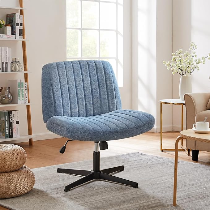 Sweetcrispy Criss Cross Chair Legged, Armless Office Desk Chair No Wheels, Swivel Vanity Chair, Height Adjustable Wide Seat Computer Task Chair, Fabric Vanity Modern Home Chair Blue - LeafyLoom