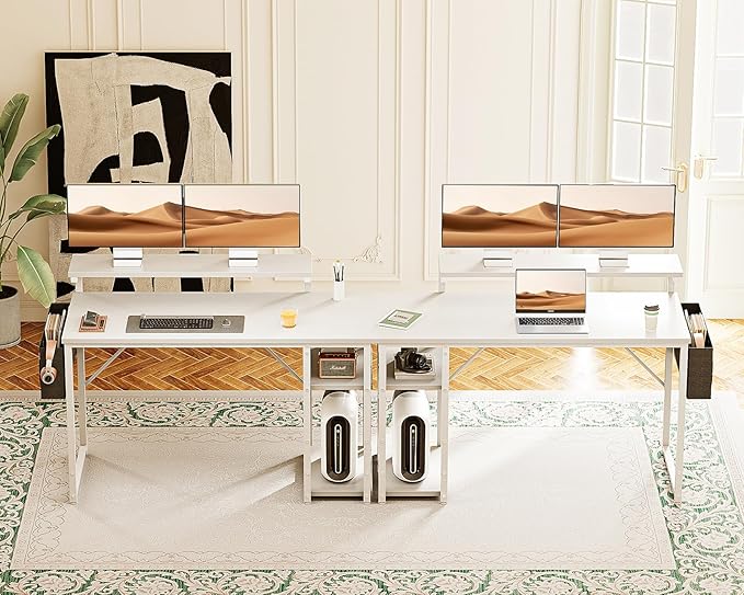 KKL 48 inch Small Computer Desk with Adjustable Monitor Stand, Home Office Desk & Workstation with Storage Shelves, Reversible Work Writing Study Table for Bedroom, White - LeafyLoom