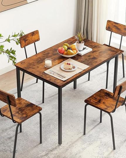 Dining Table Set for 4, 5-Piece Set Industrial Metal Wood 43.3" Kitchen Dining Table with 4 Dining Chairs, Indoor Modern Furniture Set for Dining Room, Dinette, Breakfast Nook, Rustic Brown - LeafyLoom