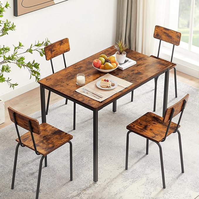 Dining Table Set for 4, 5-Piece Set Industrial Metal Wood 43.3" Kitchen Dining Table with 4 Dining Chairs, Indoor Modern Furniture Set for Dining Room, Dinette, Breakfast Nook, Rustic Brown - LeafyLoom