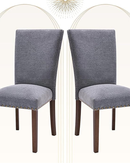 COLAMY Upholstered Parsons Dining Chairs Set of 2, Fabric Dining Room Kitchen Side Chair with Nailhead Trim and Wood Legs - Dark Grey - LeafyLoom