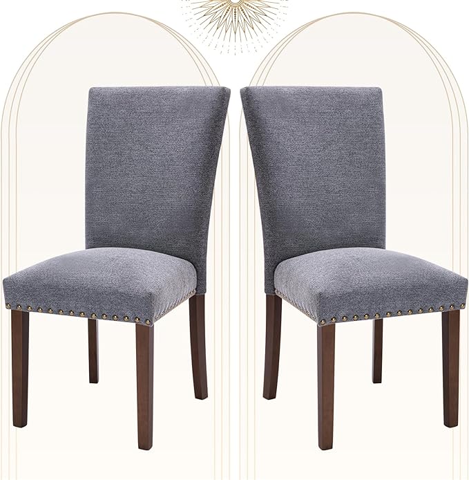 COLAMY Upholstered Parsons Dining Chairs Set of 2, Fabric Dining Room Kitchen Side Chair with Nailhead Trim and Wood Legs - Dark Grey - LeafyLoom
