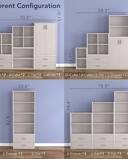 Apexa Stackable Wood Bookcase with Doors, Cube Storage Organizer Shelves, Small Food Pantry, Dorm Teen Room Decor & Bedroom, Home Office, Kitchen, 3-Tier Cabinet, Greige - LeafyLoom