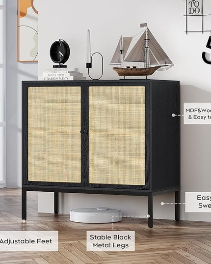 Brafab Set of 2 Rattan Cabinet Buffet Cabinet, Sideboard Cabinet with Natural Rattan Decorated Doors, Accent Cabinet, for Living Room, Entryway, Bedroom, Dining Room/Square Doors, Black - LeafyLoom