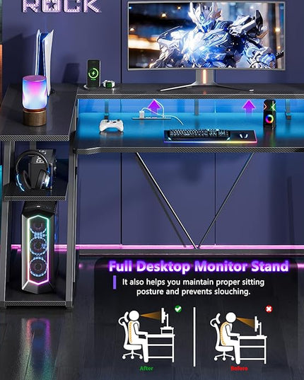 Computer Gaming Desk with Power Outlet & LED Lights, 55 Inch L Shaped Gamer Table with Storage Shelves for Bedroom, Reversible Corner Home Office Desk, Carbon Fiber Black - LeafyLoom