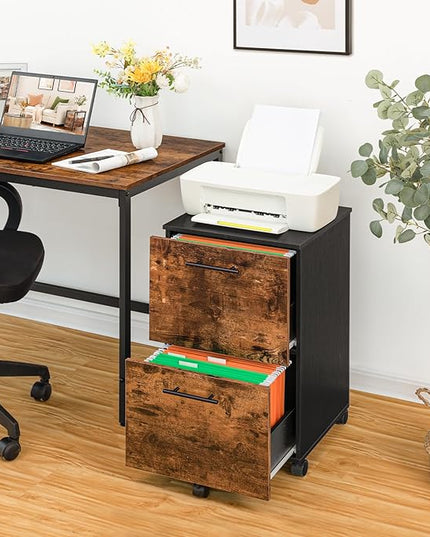 HOOBRO 2 Drawer Mobile File Cabinet, Rolling Printer Stand, Rolling Office Cabinet with 5 Wheels, Wooden Vertical Filing Cabinet fits A4/Letter Size for Home Office, Rustic Brown and Black BF03WJ01G1 - LeafyLoom
