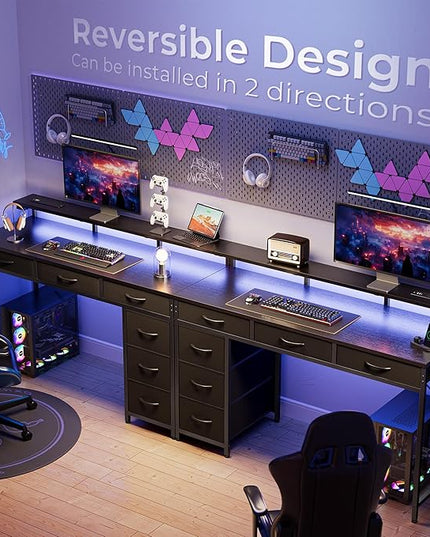 Gaming Desk with 6 Drawers, Computer Desk with LED Lights Power Outlets and Type-C, 47 Inch Office Desk with Storage, Monitor Stand, Writing Desk Work Desk Home Office, Bedroom, Study, Black - LeafyLoom