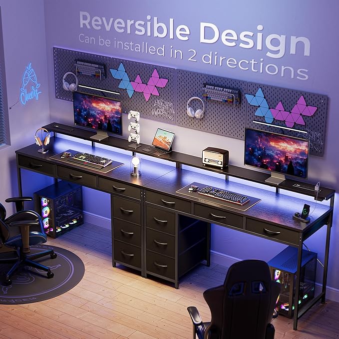 Gaming Desk with 6 Drawers, Computer Desk with LED Lights Power Outlets and Type-C, 47 Inch Office Desk with Storage, Monitor Stand, Writing Desk Work Desk Home Office, Bedroom, Study, Black - LeafyLoom