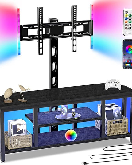 Corner TV Stand LED, Universal TV Mount Stand for 32-60" TV, Height Adjustable Swivel TV Console Wood & Steel Entertainment Center with Mount, Cabinet, Power Outlet, Colorful LED Light, Black - LeafyLoom