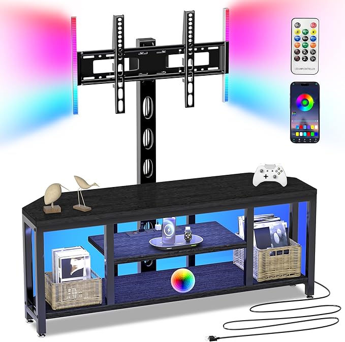 Corner TV Stand LED, Universal TV Mount Stand for 32-60" TV, Height Adjustable Swivel TV Console Wood & Steel Entertainment Center with Mount, Cabinet, Power Outlet, Colorful LED Light, Black - LeafyLoom