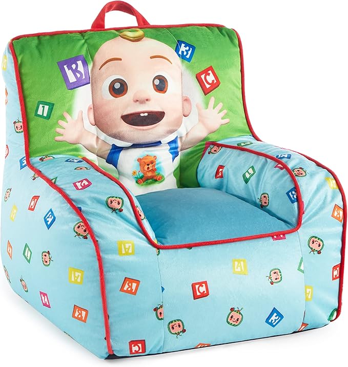 Idea Nuova Cocomelon Kids Mink Plush Bean Bag Chair with Piping & Top Carry Handle , Large - LeafyLoom