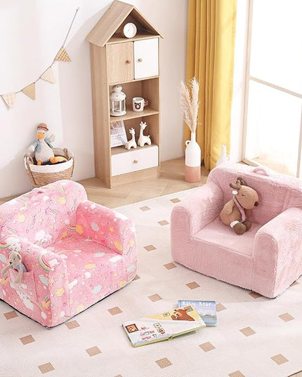 Tiita Toddler Chair Couch, Comfy Fold Out Kids Sofa, Lightweight Children Couch with Carrying Handle & Side Pockets, Kids Foam Armrest Read Sofa for Girl or Boy, Pink - LeafyLoom