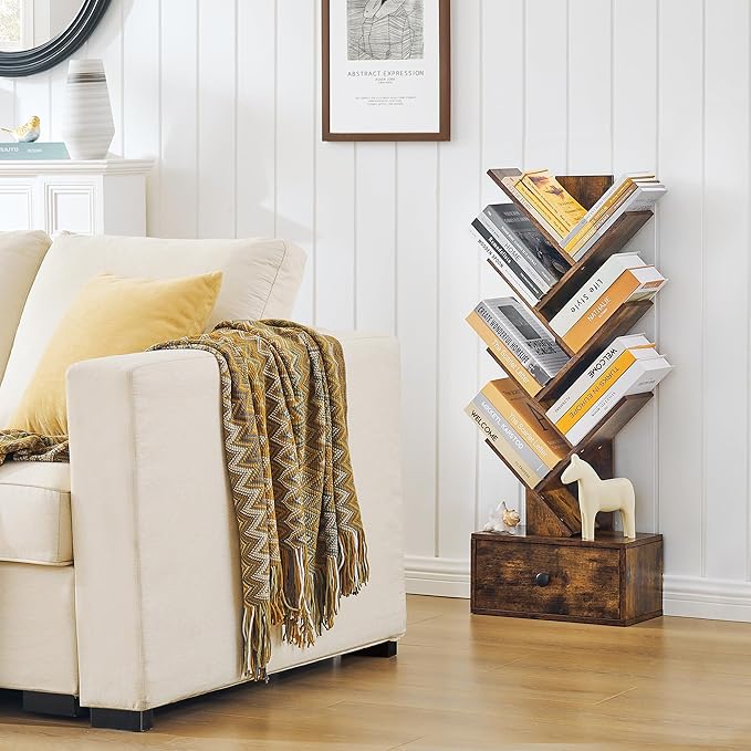 7 Tier Tree Bookshelf with Drawer, Tree Bookcase, Floor Standing Tall Wood Bookshelves for Bedroom, Living Room, Home Office, Rustic Brown - LeafyLoom