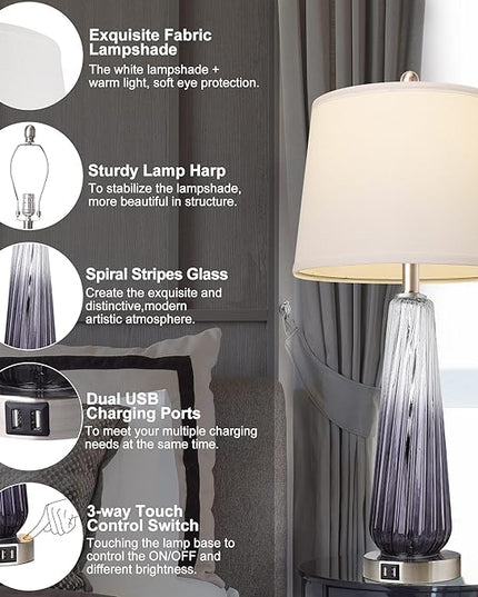 QiMH Table Lamps Set of 2 with Touch Control, 3-Way Dimmable Modern Glass Bedside Lamps with 2 USB Ports, Nightstand Lamp with White Shade, 27.5" Large Lamps for Living Room Bedrooms Decor, Grey - LeafyLoom