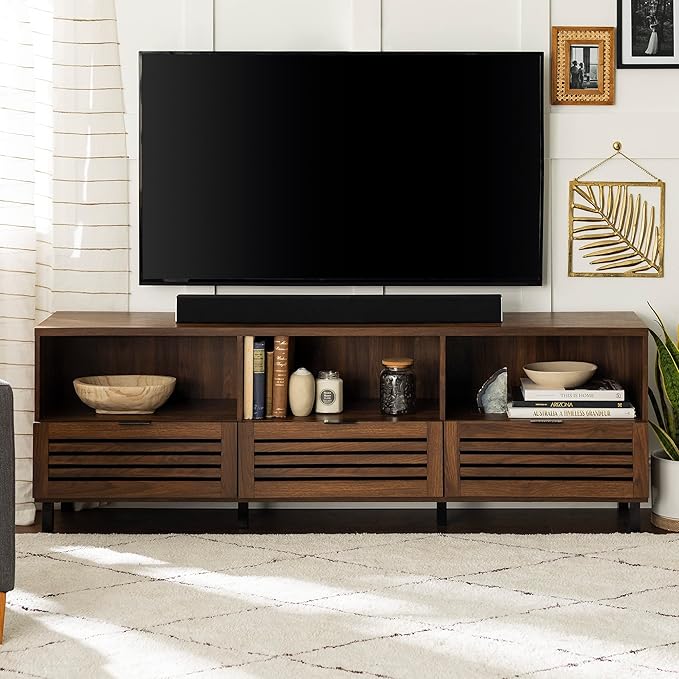 Walker Edison Modern Slatted Wood TV Stand for TV's up to 80" Universal TV Stand for Flat Screen Living Room Storage Cabinets and Shelves Entertainment Center, 70 Inch, Dark Walnut - LeafyLoom