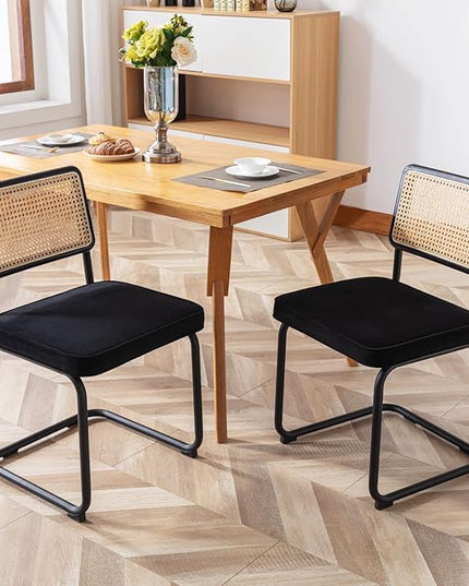 Zesthouse Rattan Dining Chairs Set of 2, Velvet Accent Chairs with Natural Cane Back & Stainless Chrome Base, Modern Mid Century Breuer Designed Chairs, Upholstered Dining Room Kitchen Chairs - LeafyLoom