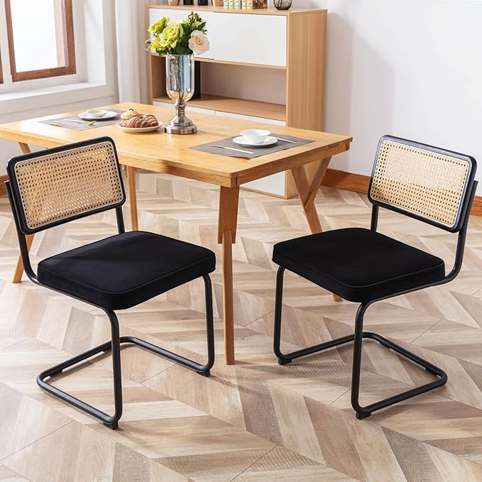 Zesthouse Rattan Dining Chairs Set of 2, Velvet Accent Chairs with Natural Cane Back & Stainless Chrome Base, Modern Mid Century Breuer Designed Chairs, Upholstered Dining Room Kitchen Chairs - LeafyLoom