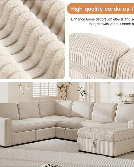 6 Seater U Shaped Oversized Reversible Sleeper Sectional Sofa Pull Out Couch Bed with Right Hand Facing Chaise and USB Ports , Corduroy Upholstered Convertible Corner Sofabed Sofacama for Living Room - LeafyLoom