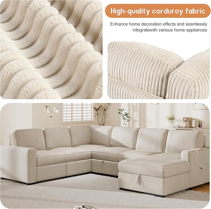 6 Seater U Shaped Oversized Reversible Sleeper Sectional Sofa Pull Out Couch Bed with Right Hand Facing Chaise and USB Ports , Corduroy Upholstered Convertible Corner Sofabed Sofacama for Living Room - LeafyLoom