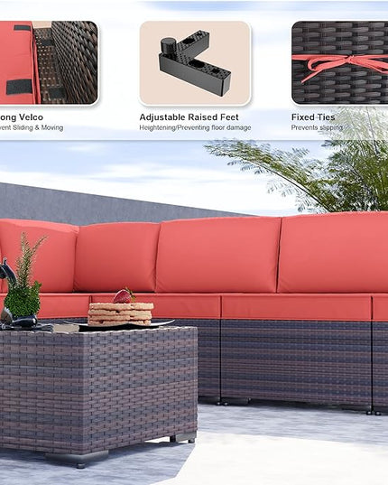 Kullavik 9PCS Outdoor Patio Furniture Set PE Wicker Rattan Sectional Sofa Patio Conversation Sets,Red - LeafyLoom