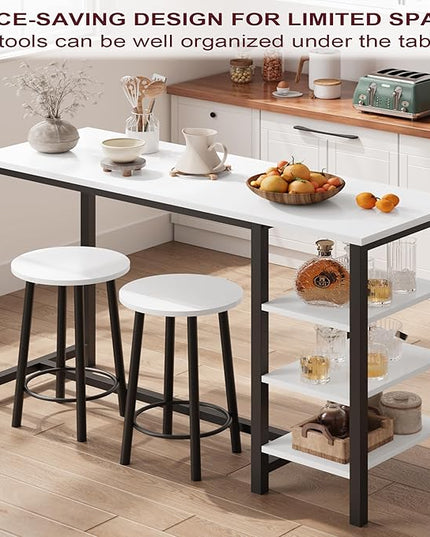 IDEALHOUSE Counter Height Dining Table with Stools, Bar Table Set with 3 Storage Shelves, 3 Piece Dining Table Set for Small Space, Apartment, Kitchen, White - LeafyLoom