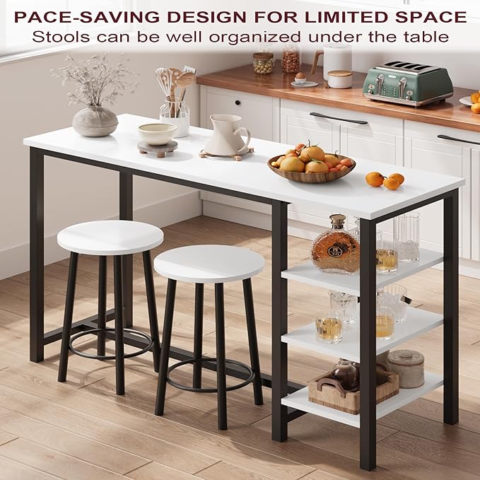 IDEALHOUSE Counter Height Dining Table with Stools, Bar Table Set with 3 Storage Shelves, 3 Piece Dining Table Set for Small Space, Apartment, Kitchen, White - LeafyLoom
