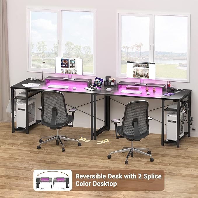 armocity Computer Desk with LED, Gaming Desk with Outlets, 40 Reversible Laptop Table with Monitor Stand, Small Desk for Small Spaces, Grey/Black - LeafyLoom
