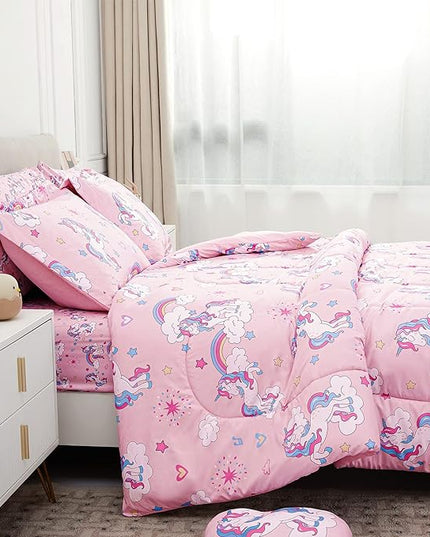 Mooreeke Kids Comforter Bed Set Twin Size for Girls, 6 Pieces Bed in a Bag with Shams, Sheet Set, Pink Unicorn Double Soft Microfiber Kids Comforter Bedding Set - LeafyLoom
