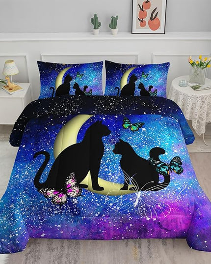 Black Cat Bedding Cartoon Cat Comforter Set Queen,Butterflies Moon Printed Kids Bedding Set for Kids Boys Girls Adults Teens,Kids Comforter Set All Season,1 Quilt 2 Pillow Cases,Blue - LeafyLoom