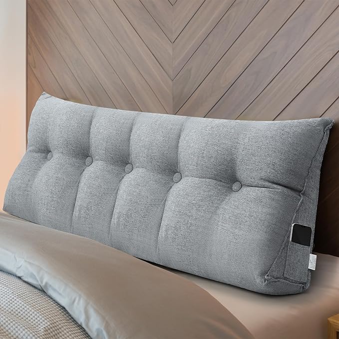 Headboard Wedge Pillow Triangular Bed Rest Reading Backrest Body Bolster Cushion Back Support Long Bolster Pillow for Bed Gifts with Removable Cover(Gray, Queen (59 x 20 x 8 Inch)) - LeafyLoom