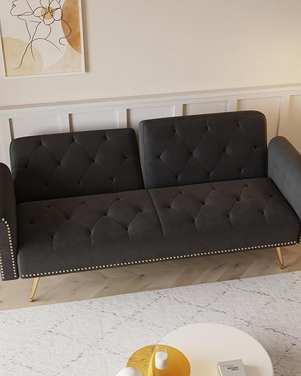 Button Tufted Upholstered Convertible Folding Sleeper Sofa Bed Futon Loveseat Couch Recliner Daybed with Adjustable and Nailhead Trim for Living Room, Bedroom, Black 69.7" - LeafyLoom