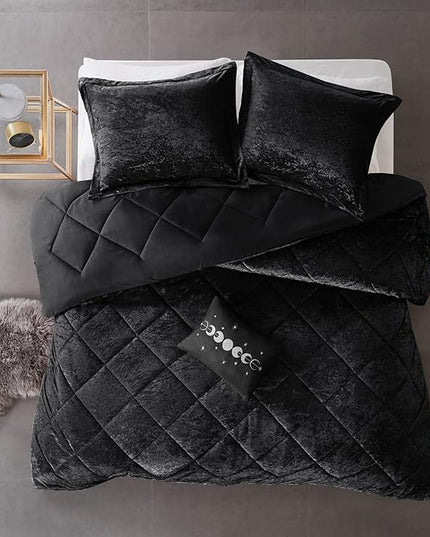 Intelligent Design King Duvet Cover Set, Velvet King Duvet Set, Luxury Diamond Quilting Black Duvet Cover, Fluffy Duvet Cover with Decorative Pillow and 2 Shams, 4 Pieces, Black, King/Cal King - LeafyLoom