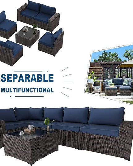 Kullavik 6PCS Outdoor Patio Furniture Set PE Wicker Rattan Sectional Sofa Patio Conversation Sets,Navy blue - LeafyLoom