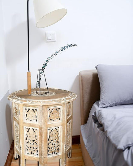 Hand Crafted Solid Wood Accent Table, Side Table, Entryway Table, Wooden End Table, Octagonal Wooden Table - 18 Inch Round Top x 18 Inch High - White - LeafyLoom