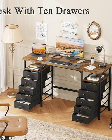Desk with 10 Fabric Drawers Classified Organizer - 55"/140 Office Desks with Ample Storage, Computer Work Desk Study Writing Table Workstation for Home Office Space Deep Black - LeafyLoom