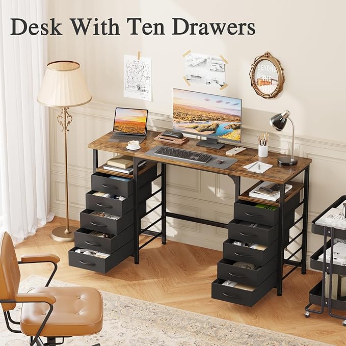 Desk with 10 Fabric Drawers Classified Organizer - 55"/140 Office Desks with Ample Storage, Computer Work Desk Study Writing Table Workstation for Home Office Space Deep Black - LeafyLoom