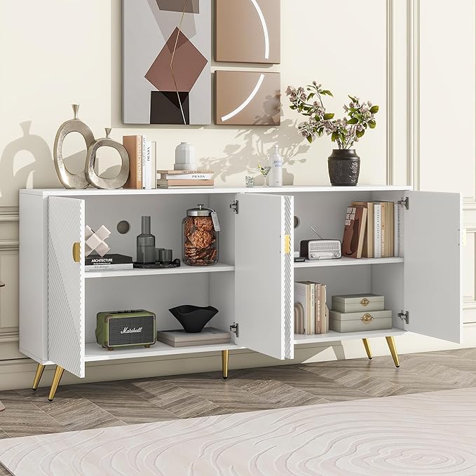 Merax TV Stand for 60+ Inch Television with Large Storage, Modern Entertainment Center for Living Room, Bedroom Media Console Table Cabinet Furniture, 63" Long, White - LeafyLoom