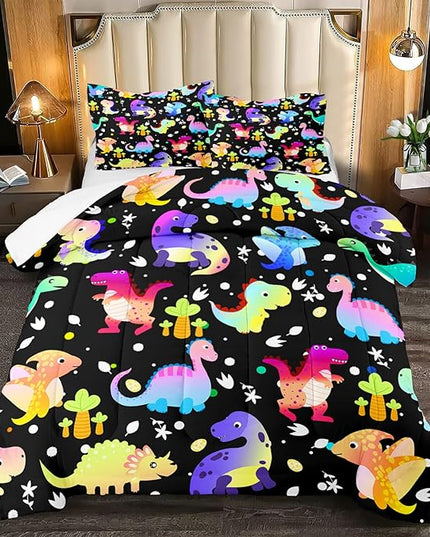 Dinosaur Comforter Set Full Size Cartoon Dinosaur Bedding Set Soft Microfiber Full Dinosaur Quilt Set 3 Piece Cute Dinosaurs Print Comforter Sets for Boys/Girls/Kids/Teens Room Decor - LeafyLoom
