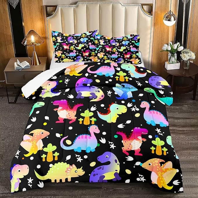 Dinosaur Comforter Set Full Size Cartoon Dinosaur Bedding Set Soft Microfiber Full Dinosaur Quilt Set 3 Piece Cute Dinosaurs Print Comforter Sets for Boys/Girls/Kids/Teens Room Decor - LeafyLoom