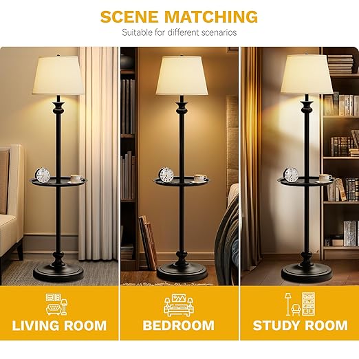 DWVO Floor Lamp with Tray, Retro Style 57'' Metal End Floor Lamp with Linen Shade, Weighted Base, and ON/OFF Rotary Switch for Bedroom, Living Room, Office, Study, Office (Bulbs not Included) - LeafyLoom