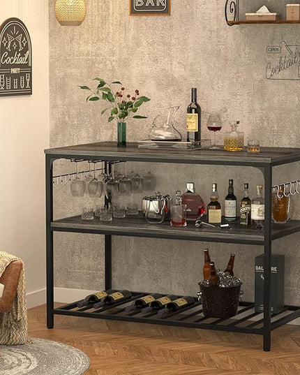 Homieasy Kitchen Island with Wine Glass Holder, Industrial Wood and Metal Coffee Bar Wine Rack Table, 3 Tier Spacious Prep Table Extended Counter with Hooks Easy to Assemble, Black Oak - LeafyLoom
