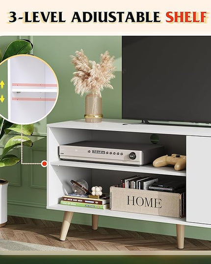 WLIVE Mid-Century Modern TV Stand for 55" TV, Entertainment Center with Storage, Open Shelves TV Console for Living Room and Bedroom, White - LeafyLoom