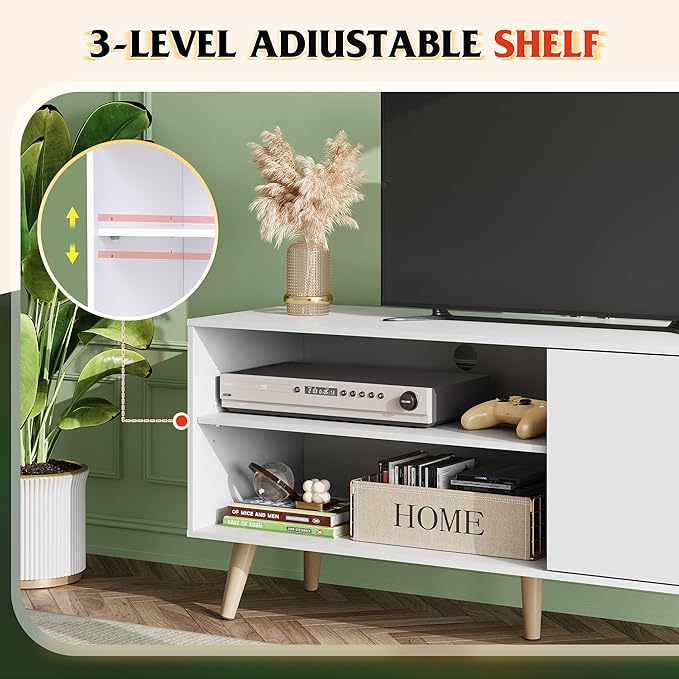WLIVE Mid-Century Modern TV Stand for 55" TV, Entertainment Center with Storage, Open Shelves TV Console for Living Room and Bedroom, White - LeafyLoom