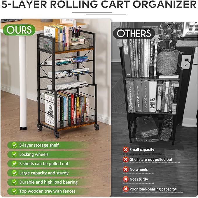Heyexiha 5 Tier Book Shelf with Sliding Trays, Metal & Wooden Bookcase, Durable Rolling Book Cart, Book Shelf with Wheels, Small Book Shelf Storage Bookcase for Living Room, Bedroom, and Home Office - LeafyLoom