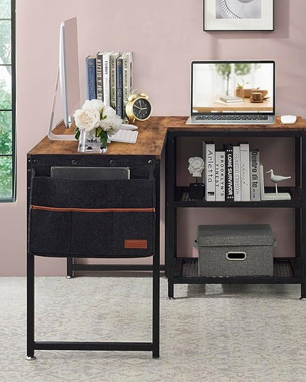 VECELO L Shaped Computer Gaming Corner Desk with Storage Bag and Shelf Home Office Table for Study Writing Room, Small Space Workstation, Rustic Brown - LeafyLoom