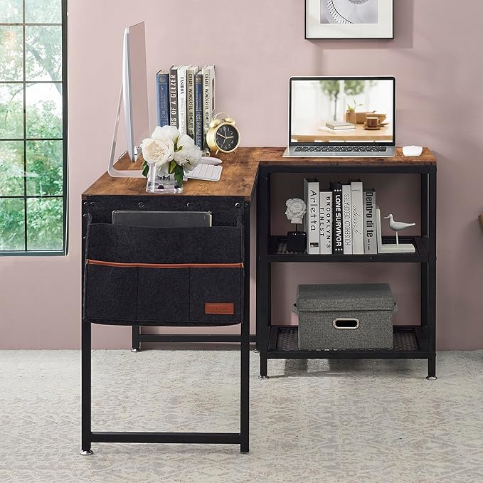 VECELO L Shaped Computer Gaming Corner Desk with Storage Bag and Shelf Home Office Table for Study Writing Room, Small Space Workstation, Rustic Brown - LeafyLoom